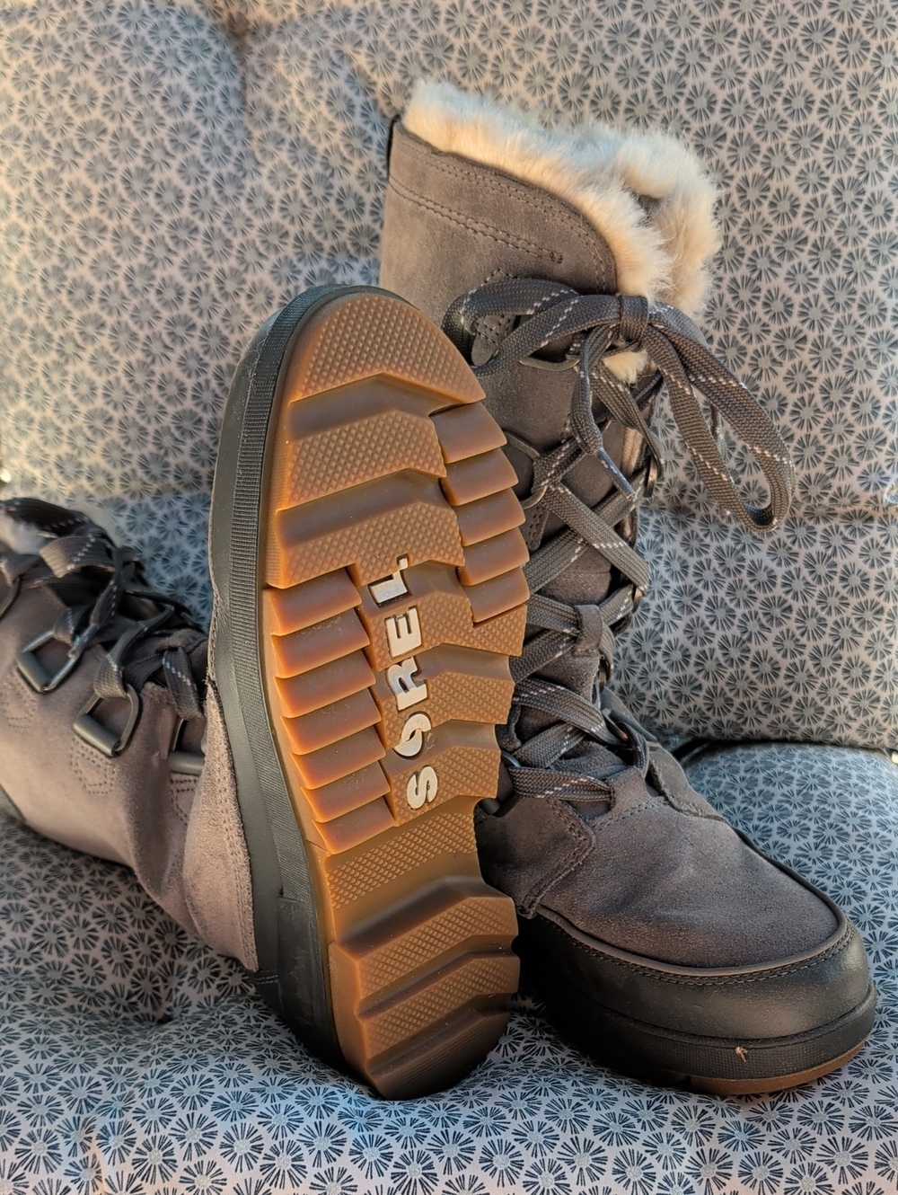 Sorel Gray Lace-Up Faux Fur Winter Boots with Brown Lug Sole